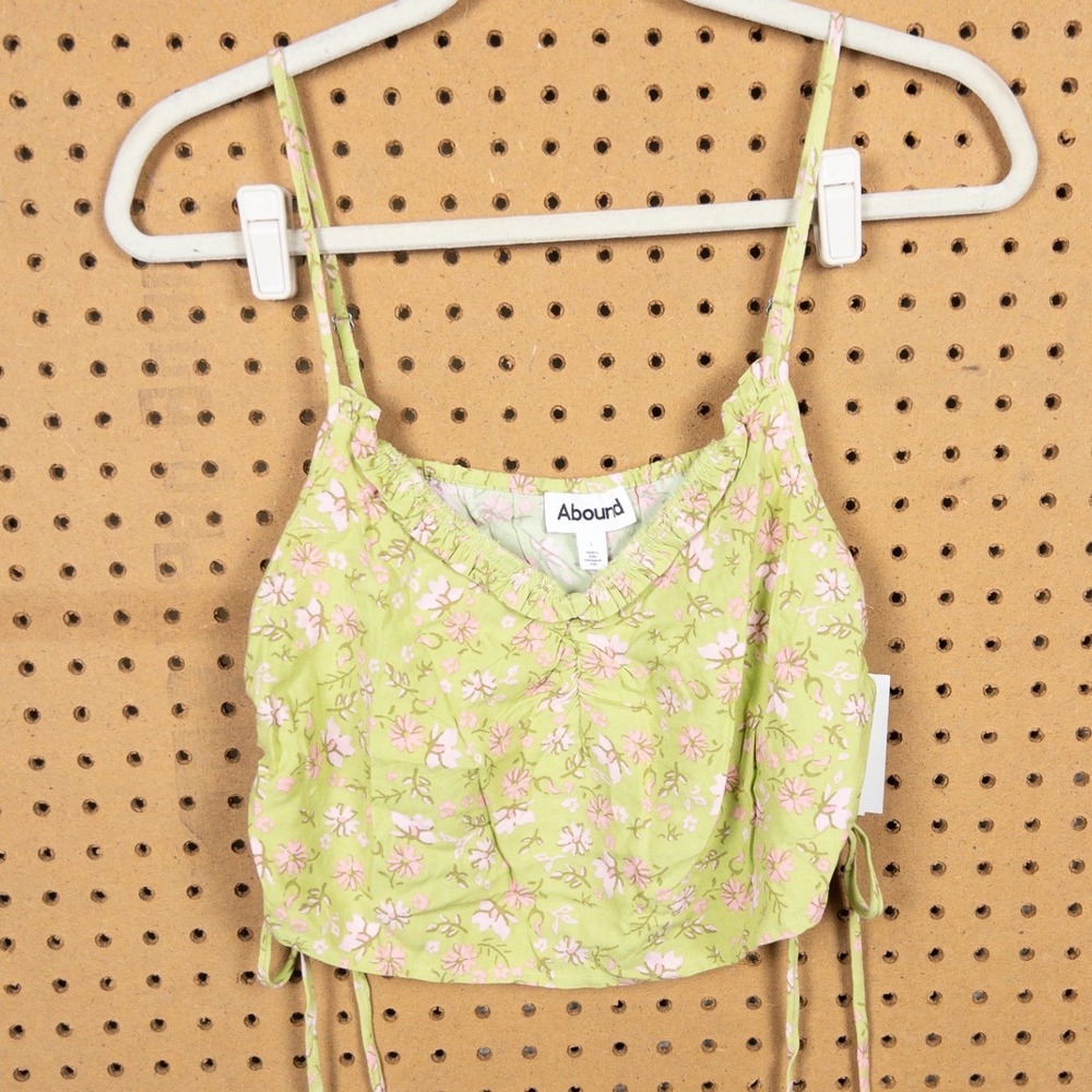 Abound Green Pink Floral‎ Crop Cami Top Ruched Side Ties L